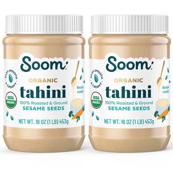 Soom Foods Organic Tahini 16oz (2 Pack) | Roasted & Ground Sesame Seed Paste | Creamy Texture for Hummus, Sauces, Dips, Salad Dressings | Vegan, Peanut-Free, Nut-Free, Gluten-Free, Dairy-Free, Keto, Paleo, Kosher | All-Natural