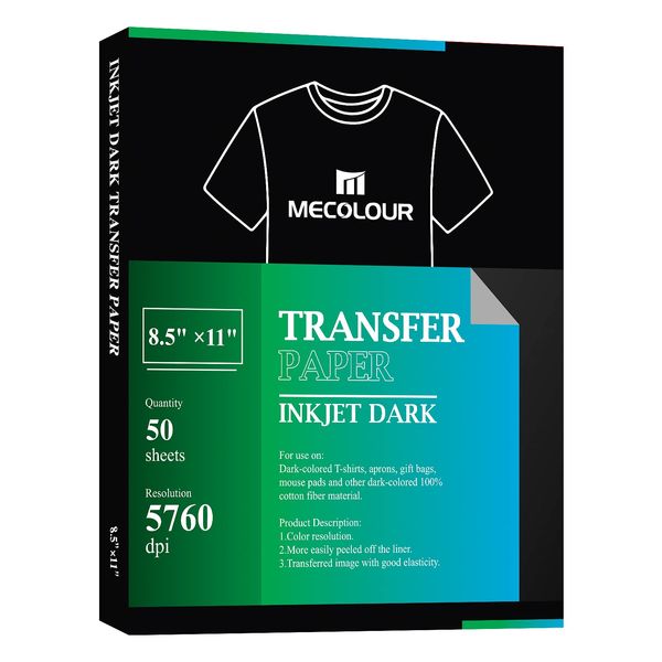 MECOLOUR Inkjet Iron On Heat Transfer Paper 50 Sheets for Dark Fabric 8.5''x11'' A4 for T-Shirt,Totes, Bags for Any Inkjet Printer, Long Lasting Printing Transfer Paper for Heat Press