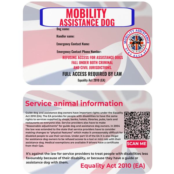 Mobility Assistance Dog Personalized Law Card UK