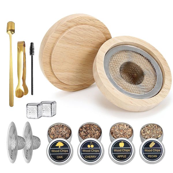 Ninrikidy Cocktail Smokers Household Smokers Glass Top Smoking Kit Smoker Kit 4 Wood Chips Tweezers with Spoon Filter Ice Cubes 2 Pieces Whiskey Present Smoke Machine