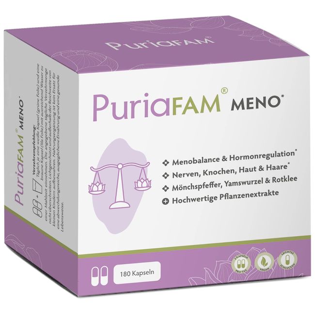 PURIAFAM Meno - 180 Wechseljahre Tabletten pflanzlich - Yamswurzel Mönchspfeffer, Reishi, Rotklee - Menopause Tabletten