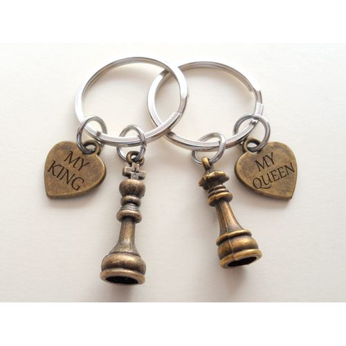 Bronze Small Chess Piece Charm Keychains with My King & My Queen Heart Charms, King and Queen Set - Couples Keychain Set
