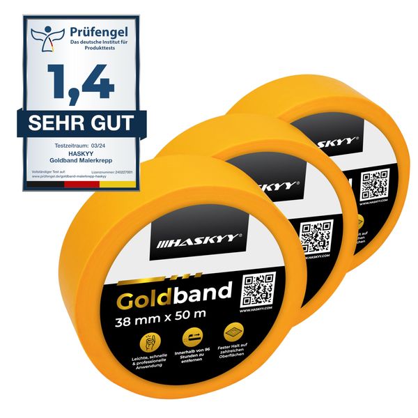 HASKYY Goldband Malerkrepp Kreppband 3x Malerband 38mm x 50m Profi Abdeckband Malertape Klebeband Washi Tape Gold Papiertape Selbstklebend