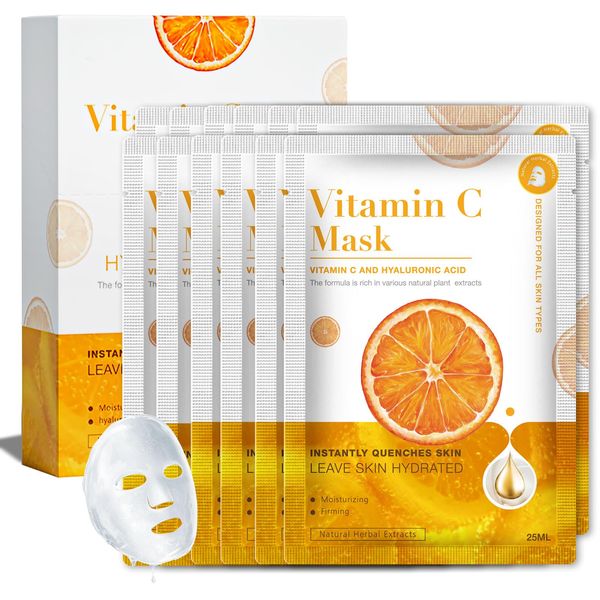 Shefave 10Pcs Pflanze Tuchmasken Gesicht, 5 Arten Gesichtsmasken Set, Feuchtigkeitsspendende Maske mit Hyaluron, Vitamin C, Green Tea Mask Hautpflege Face Mask (Orange)