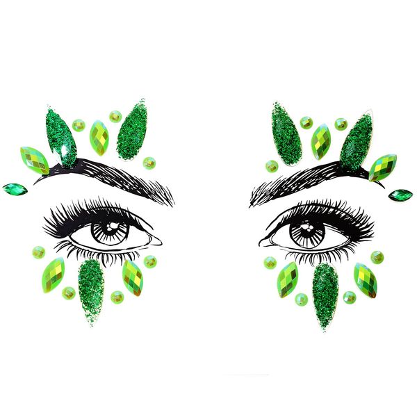 Face Jewels Stick on Face Gems Self-Adhesive Makeup Halloween Costume Rhinestone Stickers for Festival Holiday Party Dress Up Accessories (Glitter Green)