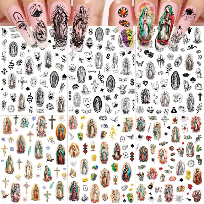 Rejaski 6 Sheets Chicano Nail Art Stickers Decals for Women Manicure, 3D Halloween Self-Adhesive Chicana Gansta Guadalupe Nail Decals Stickers Cross, Mexico Chola Nail Charms Party Rave Accessories