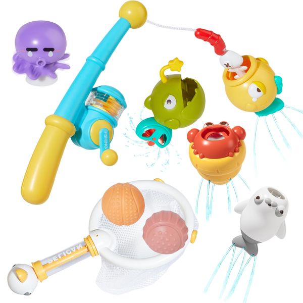 Bath Toys for Kids Ages 1-3 - Water Table Toys Set Magnetic Fishing Toy with Fishing Rod, Spinning Octopus & 2 Balls, Fishing net and Storage Bag, Fishing Games Water Pool Toys for Toddlers 1-3