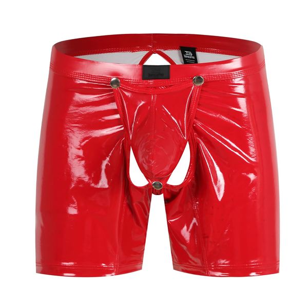 Bodywear4you Men's Leather Boxer Shorts Patent Shiny Look Butt Open Wetlook Sexy Underwear Lingerie for Men Clubwear Jockstraps Briefs Thong with Open Crotch Open Shorts Pants, red, S