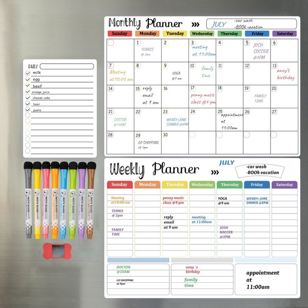 Hivillexun Magnetic Dry Erase Calendar Whiteboard Set (3-Pack) for Refrigerator, Wall, and Fridge Organization with Monthly, Weekly, and Daily Notepads. Comes with 8 Markers and 1 Eraser