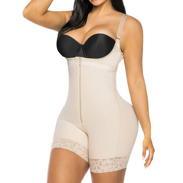 YIANNA Body Shaper Damen mit Bein Shapewear Stark Formend Korsett Bauch Weg Bodyshape Fajas Colombianas Taillenmieder Bodyforming Beige 7212 XS