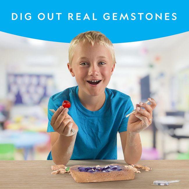 National Geographic Super Gemstone Dig Kit - Excavation Gem Kit with 10 Real Gemstones for Kids, Discover Gems with Dig Tools & Magnifying Glass, Scie