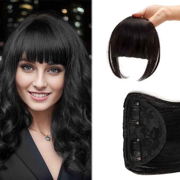 Clip in Bangs Clip in Pony Haarteil Pony Haare Clip in Extensions Haarverlängerungen Synthetische Front Fringe Pony Haarteile One Piece Human Hair Clip Pony Echthaar Fringe Bangs für Frauen (Schwarz)