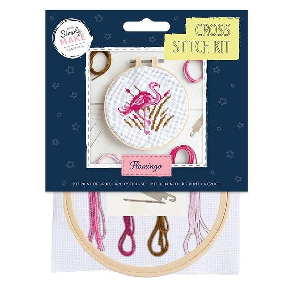 Simply Make Cross Stitch Kit - Flamingo Design for Kids and Adults, Including Hoop, Embroidery Thread, Fabric and Needle - Perfect for Adult Crafts and Beginners - Starter Cross Stitch Craft Kit