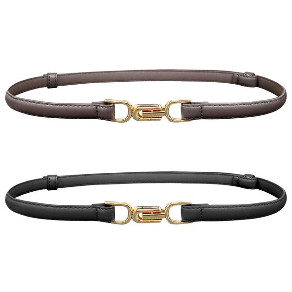 LECTNORE 2Pcs Women Skinny Leather Belt Adjustable Women Belts Waist Belt with Metal Buckle for Dresses (Black/Dark Brown)