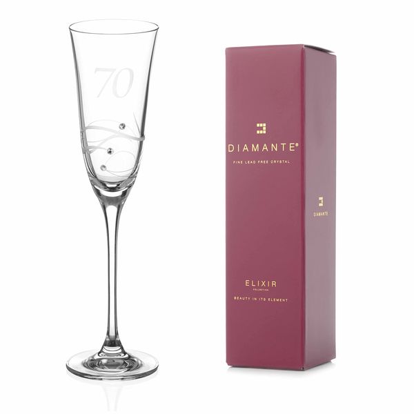 DIAMANTE Swarovski 70th Birthday Champagne Glass – Single Crystal Champagne Flute with a Hand Etched “70” - Embellished with Swarovski Crystals