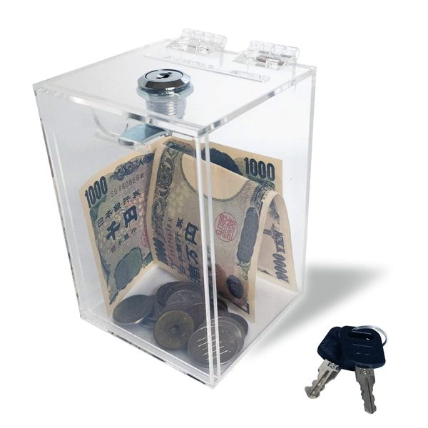 Teresa Collection Box, Acrylic Money Box, Donation Box, Heavy Duty, Bills, Transparent, Key, W 3.5 inches (90 mm)