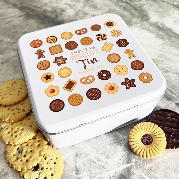 Fingerprint Designs Personalised Square Assorted Biscuit Hands Off Cake Tin
