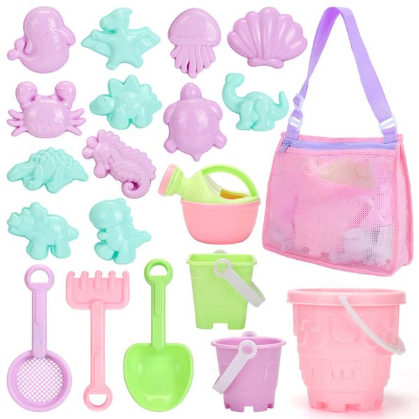 Tagitary Beach Sand Toys Set for Kids 3-10 with Bucket Watering Can Shovel Rake Sand Molds Beach Shell Bag