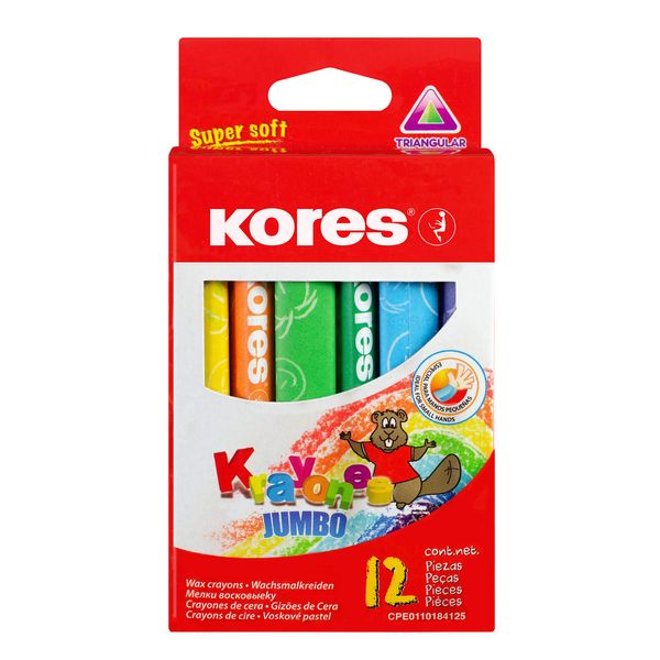 Kores - Krayones: 12 Wax Crayons for Kids, Jumbo Size and Ergonomic Triangular Shape, Non-toxic and Child-friendly, Art and Crafts and School Supplies, Set of 12 Assorted Colours