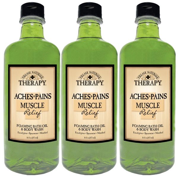 Village Naturals Therapy Aches and Pains Muscle Relief Foaming Bath Oil and Body Wash 16oz (3-pack)