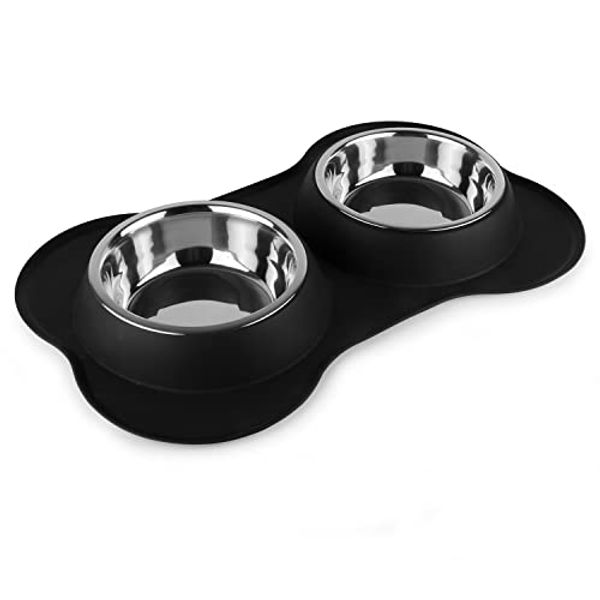 Pawpourri Dog Bone Shaped Stainless Steel Pet Bowl Combo With Non-Slip Silicone Base | Double Feeding Bowl Combo For Providing Food And Water To Beloved Dog, Puppies & Cats-Double Feeder of 700ml each