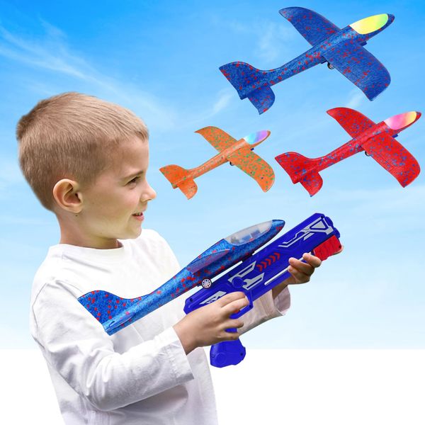 SO&MOTOYS Airplane Toys Airplane Launcher Toys, LED Light& EVA Foam Glider Catapult Plane Toy for Boys,Outdoor Flying Toys Birthday Gifts for Boys and Girls 6-12 Years Old