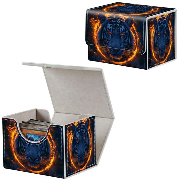 Qindaiwen Card Deck Box for MTG, Fits 100+ Single Sleeved Cards, PU Leather Trading Card Storage Box for TCG, CCG, MTG Cards, Strong Magnet Magic Gathering Deck Box, Flame Tiger