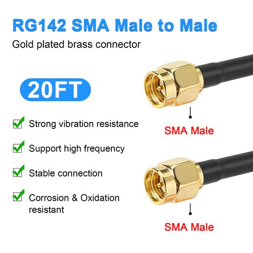 MOOKEERF RG142 SMA Male to SMA Male Coaxial Cable 20FT 50 ohm Ultra Low Loss Antenna Extension for 3G/4G/5G/LTE Network Equipment, GPS, RF Radio