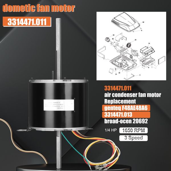 3314471.011 Fan Motor Replacement 3314471.013/genteq F48AE48A61 Fan Motor, Compatible with Dometic Duo-Therm Penguin II 641815/641816/641835/641915/641916/641935-3 Speed, 1/4 HP, 1650RPM