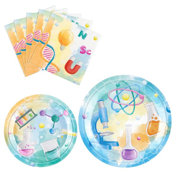 WERNNSAI Science Party Supplies Set - 48 Pcs Science Theme Party Tableware Set Disposable Scientist Dinner Dessert Plates Napkins Chemistry Birthday Party Decorations for 16 Guests Labratory Party