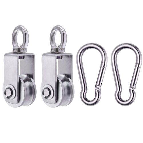 Set of 2 pulley steel cable with M7 carabiner hook, ball bearing inside, rope pulley stainless steel for ropes