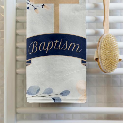 3dRose 15x22 Hand Towel - Baby Boy Baptism in Navy Blue with Cream Botanical and Cross Baby Designs