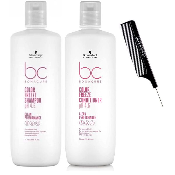 Schwarzkopf BC Bonacure COLOR FREEZE Sulfate-Free SHAMPOO & CONDITIONER Duo SET for overprocessed or colored hair (with Sleek Steel Pin Tail Comb) (33.8 oz/XL LITER DUO KIT)