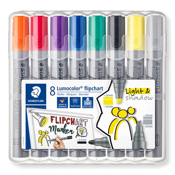 STAEDTLER Lumocolor, farbintensive, schnelltrocknende, geruchsarme Tinte, schlägt nicht durch Papier durch, 8 flipchart Marker in aufstellbarer STAEDTLER Box, 356 SWP8