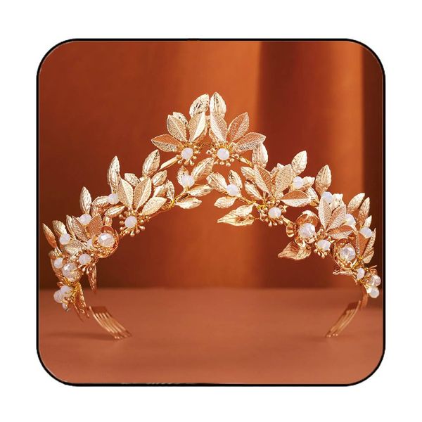 Gortin Gold Leaf Crown Bride Wedding Headband Flower Bridal Tiara Headpiece Rhinestones Wedding Hair Accessories for Women