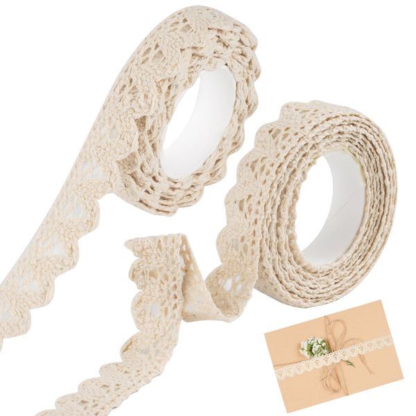 3.6 Metres Lace Ribbon Self-Adhesive, 2 Rolls Beige Decorative Tape, Vintage Decorative Ribbon, Cotton Lace Trim, Lace Decorative Tape, Ornaments for Gluing, Lace Ribbon, for DIY, Crafts (Width 1.6