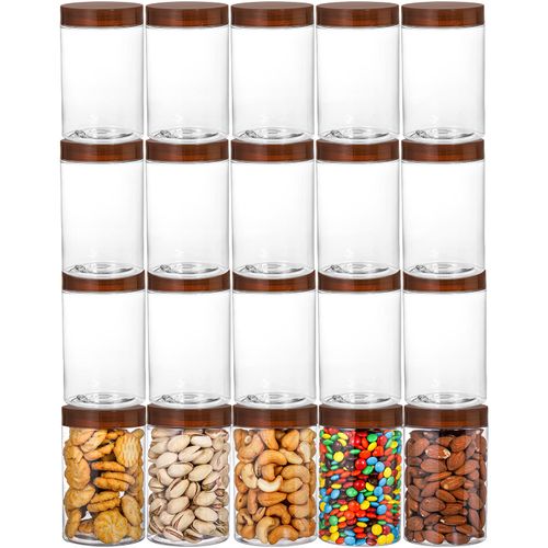Fasmov 20 Pack 12 Oz Clear Empty Plastic Jars with Screw-on Lids, Ideal Containers for Kitchen and Home Storage, Brown