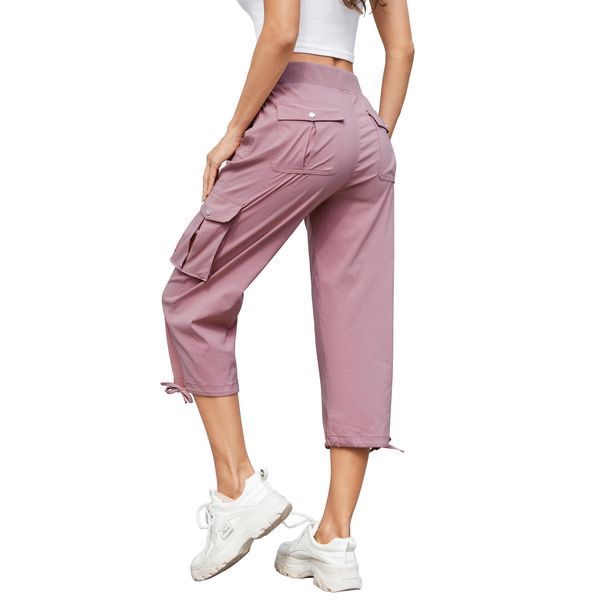 Hormtaer Women Cropped Trousers Cargo Summer Capri Joggers Ladies Pants 3/4 Length Sweatpants Outdoor Casual Hiking Trousers with 6 Pockets (Dark Pink, M)