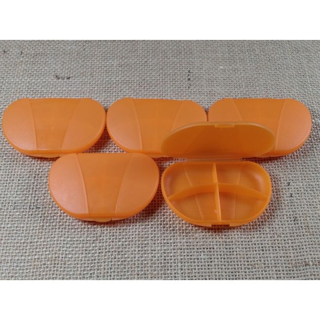 Pill Box Small Plastic Travel, 4 Compartment Durable 3 x 2in. (Orange) Lot of 5