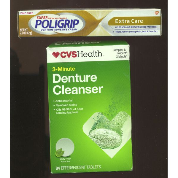 CVS 3-MINUTE DENTURE CLEANSER 84 TABLETS  & SUPER POLIGRIP 2.2oz DENTURE CREAM !