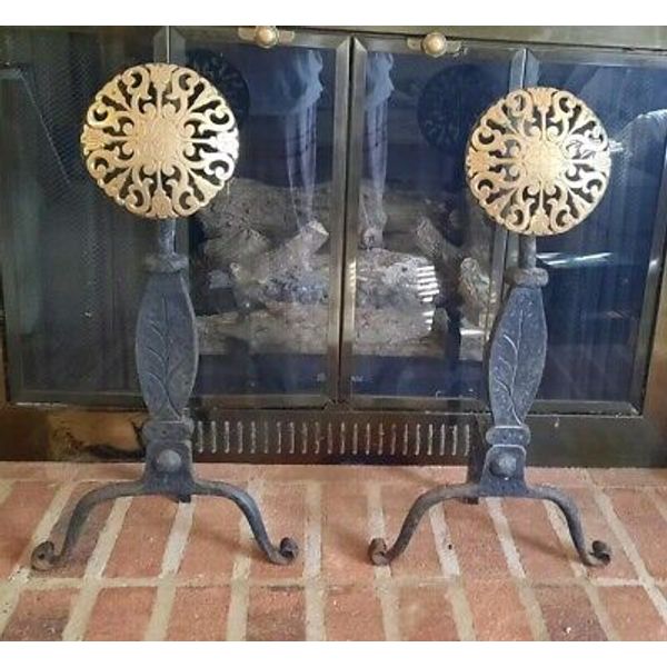 Pair VIRGINIA METALCRAFTERS XL 24" Sunflower Brass Fireplace Andirons Black Iron