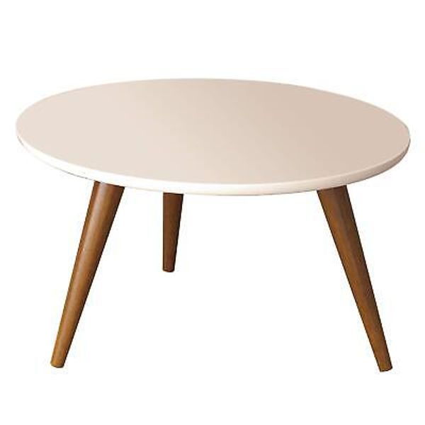 24 Inch Modern Coffee Table, Round Off White MDF Top, Tapered Brown Mango Woo...