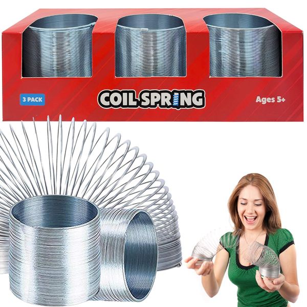 The Dreidel Company Silver Metal Coil Spring, Goody Bag Fillers, Party Favor for Kids, Variety of 2.4" (60mm) Individually Boxed (3-Pack)