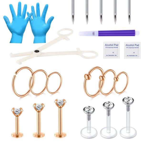 JIESIBAO 22PCS Ear Piercing Kit,14G Piercing Needles Clamps with 16G Cartilage Earring Flat Back Earrings Studs for Labret Tragus Helix Rook Conch Cartilage Piercing Rose Gold Kit