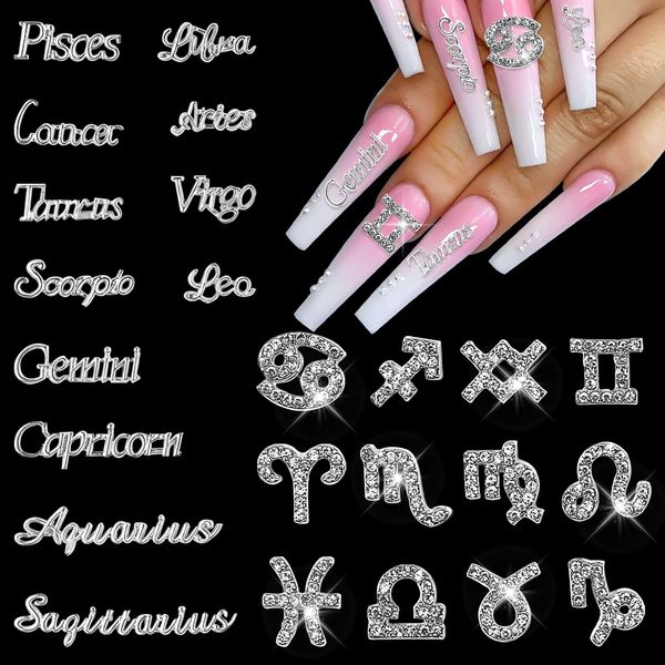 JERCLITY 24 Pieces Silver Alloy Zodiac Nail Charms 12pcs Zodiac Signs Nail Studs 12pcs Constellation Words Nail Charms Twelve Constellation Nail Charms for Women Girls Nail Art