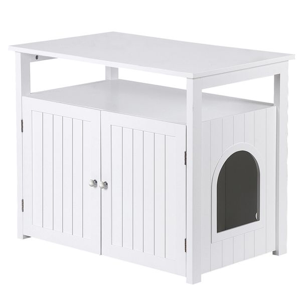 Large Cat Litter Box Enclosure Hidden Cat House Cabinet Pet Side Table w/Divider