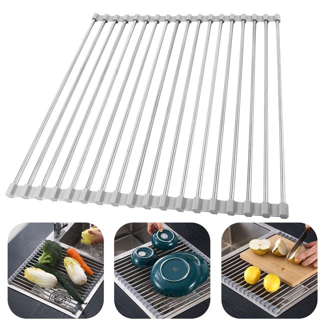 Annhua Dish Drying Rack, Foldable, Sink Side, Folding Drainer, Anti-Slip, Dish Drainer, Kitchen Sink Drainer, Multipurpose Drying Rack Mat, Rolls Up to Slim Storage, No Assembly Required, Stainless