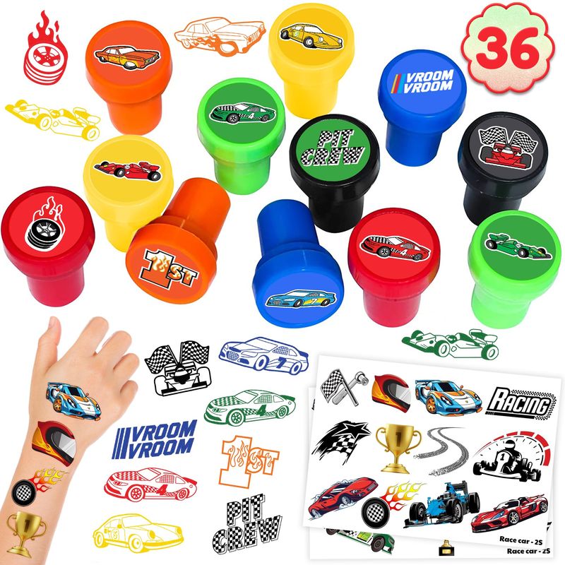 36PCS Race Car Party Favors 24 Tattoos Sticker 12 Stamp Set - Ideal ...