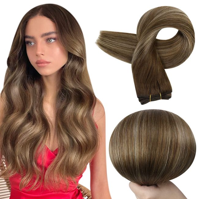 Full Shine Human Hair Weft Extensions Balayage Brown Sew in Human Hair Extensions Chocolate Brown Ombre Caramel Blonde Machine Weft Hair Extensions Double Weft for Fullness and Thickness 20inch 105g