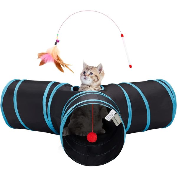 Pet Cat Tunnel Tube Toys 3 Way Collapsible for Indoor Pets Bored Peek Hole, Blue